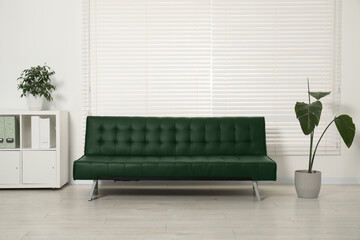 Living room with dark green sofa and houseplants. Interior design