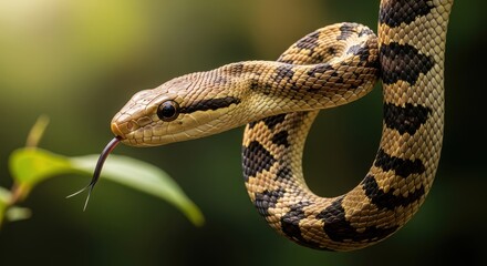 Fototapeta premium Beautiful Snake Coiled on a Branch in a Lush Green Forest