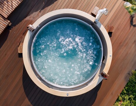 aerial top down view of cold plunge tub with crystal clear ice cubes for wellness and relaxation