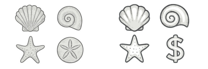 Diverse collection of ocean-themed elements featuring seashells, starfish, sand dollar, and a dollar currency symbol © Bundi