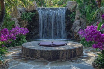 Tranquil oasis with cascading waterfall, lush purple orchids, and a serene stone seating area for relaxation and contemplation.