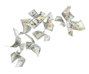 Money. Dollar bills flying against white background