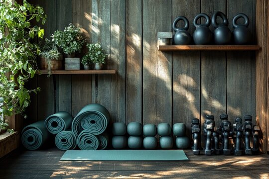 Rustic yoga and fitness studio setup with mats, dumbbells, kettlebells, and plants against a wooden wall illuminated by sunlight.