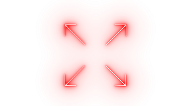 Four red neon arrows pointing outwards from center isolated on transparent background, symbolizing expansion