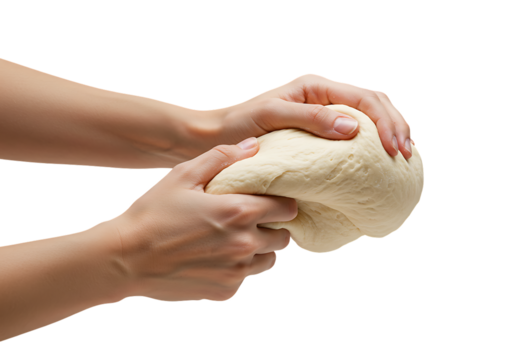 Hands kneading dough on white surface, preparing homemade bread with care and precision, showcasing the art of baking.