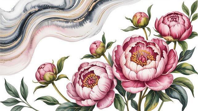 Elegant Pink Peonies with Marble Swirls Watercolor Illustration for Invitations and Decorative Design