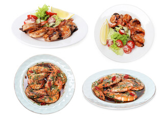Grilled shrimps isolated on white, set. Delicious sea food