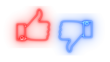 Red neon thumbs up and blue neon thumbs down icons isolated on a transparent background