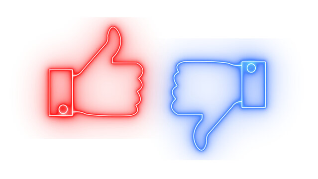Red neon thumbs up and blue neon thumbs down icons isolated on a transparent background