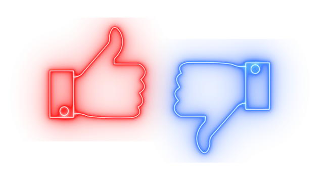 Red neon thumbs up and blue neon thumbs down icons isolated on a transparent background