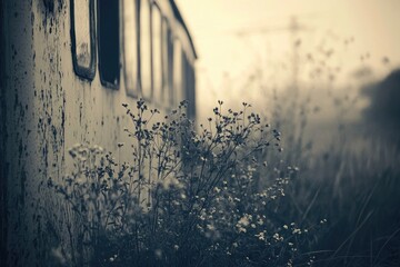 An old train carriage stands alongside weeds and grass in sepia, evoking a sense of faded history.