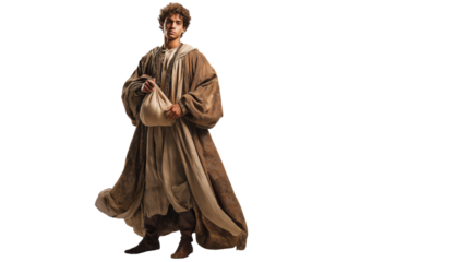 Young nobleman full body on transparent background, biblical rich ruler in elegant robe standing confidently, isolated New Testament character PNG.