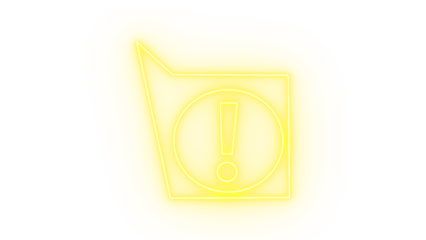Yellow neon exclamation mark inside a speech bubble and square, isolated on transparent background
