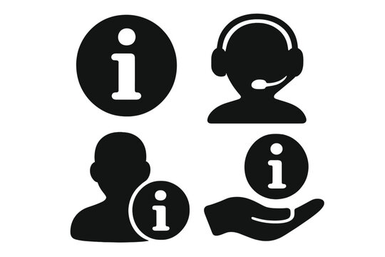 Information icon set vector. Customer support and service symbol. Help desk, call center operator, faq and guide concept. Silhouette user with headset illustration.