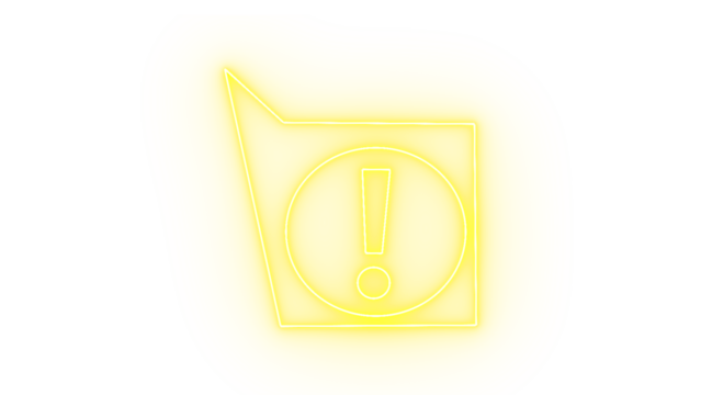 Yellow neon exclamation mark inside a speech bubble and square, isolated on transparent background