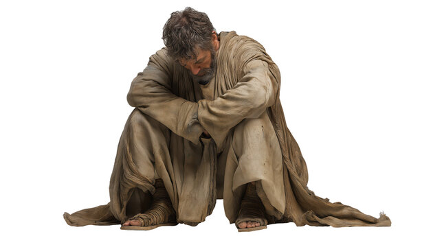 Sorrowful man full body on transparent background, biblical figure with guilt-ridden face looking downward in shame, isolated New Testament character PNG.
