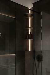 A luxurious shower area featuring dark tiled walls, a black showerhead, and subtle LED lighting highlighting storage shelves, creating an elegant ambiance.
