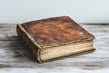Obraz premium An antique, leather-bound book with aged pages rests on a rustic, textured wooden surface, evoking a sense of history and timeless knowledge.