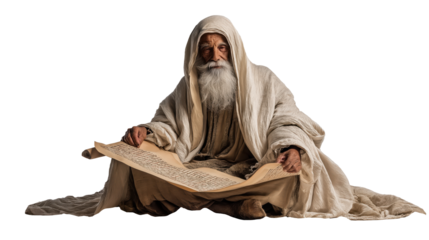 Elderly man full body on transparent background, biblical style figure in worn robe, Old Testament character isolated PNG.