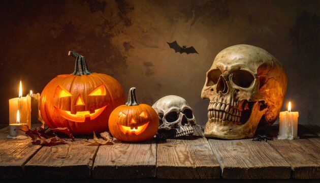A Halloween still life with glowing jack-o'-lantern, human skull, lit candles, autumn leaves, and dark wood&mdash;evokes crafted eeriness, symbolic passage, and the rhythm of festive mystery and ritual deca