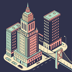 Isometric illustration of a city with buildings, bridge, and cars