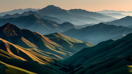 Aerial view of a mountain range at sunrise.