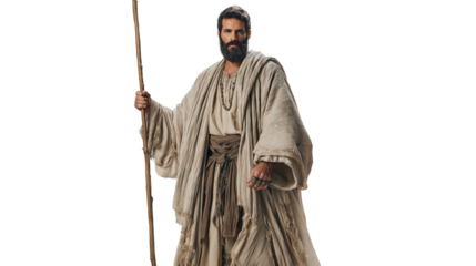 Simeon the Elder full body on transparent background, elderly biblical man in temple garments gently cradling infant Jesus, isolated New Testament figure PNG.