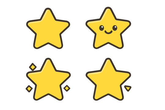 Cute star icon set. Vector cartoon collection of yellow stars. Kawaii character with smile, shiny sparkling star, and simple favorite shape. Flat design elements for rating.
