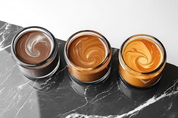 Three glass containers with swirling mixtures of coffee and milk, showcasing different color tones, on a marbled surface.