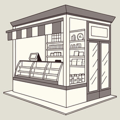 Illustration of a small kiosk with display case and awning
