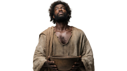 Obraz premium Simon full body on transparent background, standing with healed skin and looking upward in gratitude, symbolic New Testament biblical healing miracle isolated PNG.