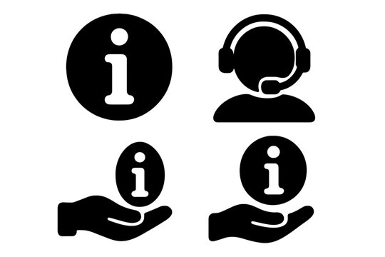 Information icon set vector collection. Customer service, help desk, and FAQ symbols. Call center operator with headset pictogram. Hand holding info button. User guide concept.