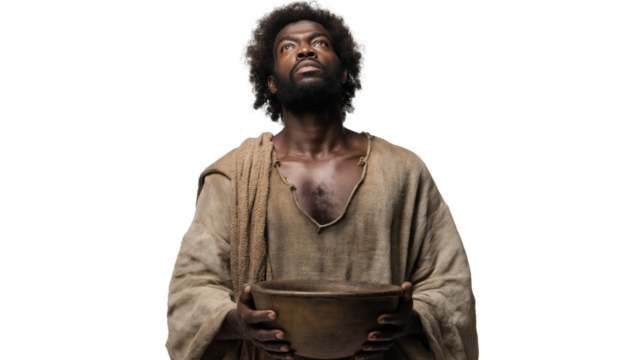 Simon full body on transparent background, standing with healed skin and looking upward in gratitude, symbolic New Testament biblical healing miracle isolated PNG.