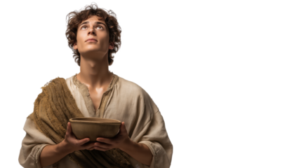 Simon the healed man full body on transparent background, biblical figure with restored skin looking upward in gratitude, isolated New Testament character PNG.