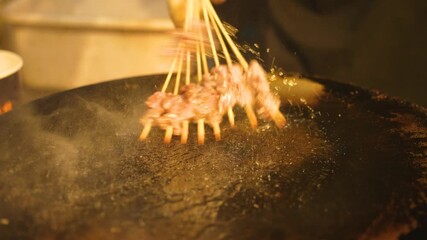 Traditional Lamb Kebabs Grilling with Flames - Night Street Food BBQ Cooking Process