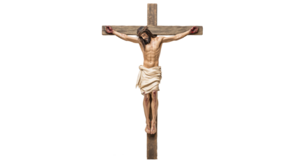 Jesus Christ on the cross full body on transparent background, crucifixion scene, New Testament biblical figure isolated PNG.