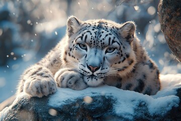Naklejka premium A majestic snow leopard rests peacefully on a snowy rock, its gaze captivating and serene in the winter landscape.