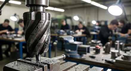 Close up of a milling machine drill bit in a busy workshop.
