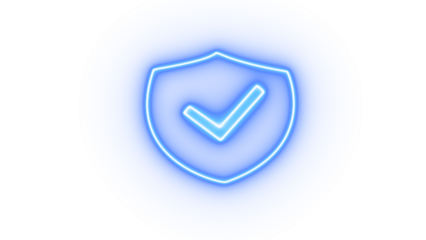 Blue neon shield with checkmark icon isolated on transparent background