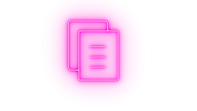 Pink neon icon of two documents or pages, isolated on transparent background