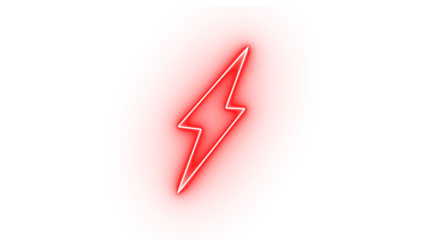 A bright red neon lightning bolt symbol, isolated on transparent background