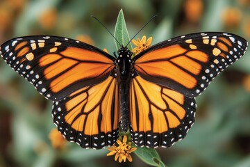 Fototapeta premium Monarch butterfly with vibrant orange and black wings is perched on a green leaf with yellow flowers.