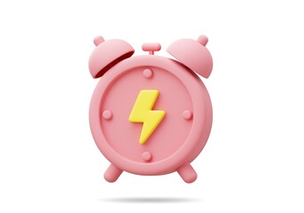 Pink Alarm Clock with Yellow Lightning Bolt Symbol Represents Fast Wake Up Power and Energetic Morning Start Isolated on White Background