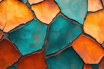 A vibrant mosaic featuring cracked, irregularly shaped tiles in shades of orange, brown, and teal, separated by textured grout lines for an artistic pattern.