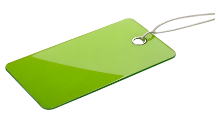 Blank bright green rectangular tag with a white string loop for price or information isolated on transparent background