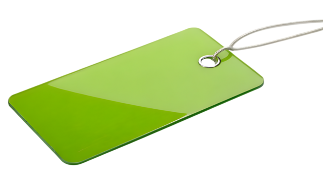 Blank bright green rectangular tag with a white string loop for price or information isolated on transparent background