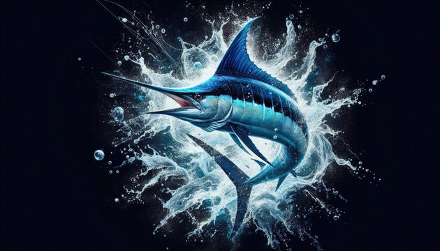 Striking Atlantic blue marlin bursts from water in circular splash on black background. Perfect for sport fishing apparel, tees, souvenirs, highlighting angling hobby
