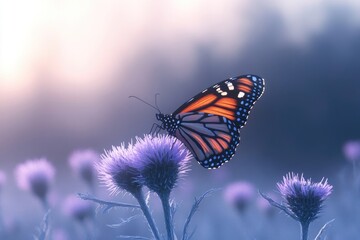 Obraz premium A monarch butterfly resting on a purple thistle flower in a field, bathed in gentle sunlight.