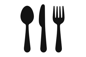 Cutlery icon with spoon, knife, and fork. Restaurant menu symbol for food and dining. Kitchen tableware concept. Flatware silhouette for dinner, lunch, and breakfast sign.