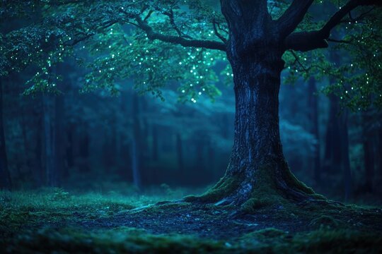 Mystical blue forest with a large ancient tree whose leaves are lit with ethereal glowing lights, enchanting and magical.